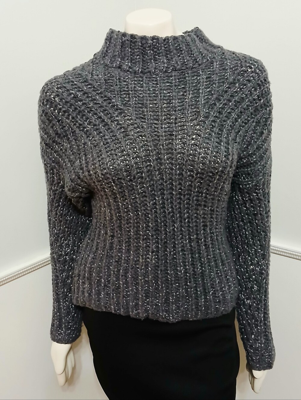 Express Womens Charcoal Grey Silver Wool Blend Mock Neck Chunky Sweater M‎
